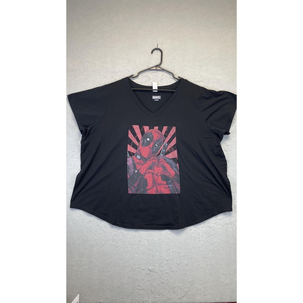Marvel Deadpool Shirt Womens 4X Black V-Neck Graphic Tee Plus Size Short Sleeve‎